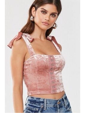 Forever 21 Pink Velvet Bow Strap Crop Top